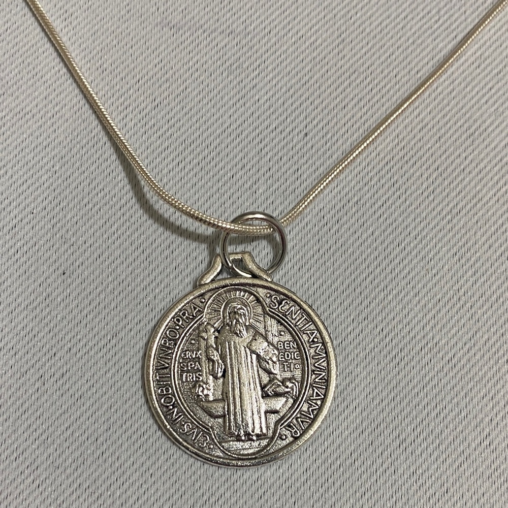 20" BELK Silverworks Silver Plated Snake Chain Necklace w St Benedict Pendant